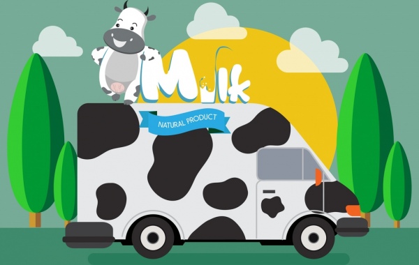 mleko reklama samochód krowy ikony kreskówka projekt