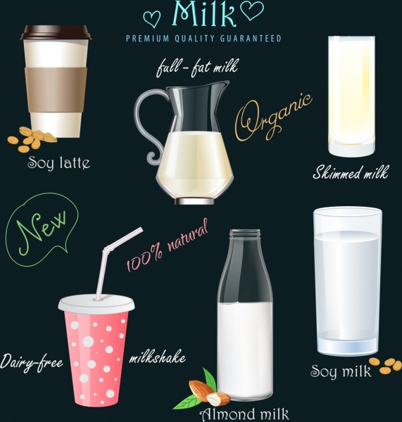 boissons au lait verre pot icônes décor de publicité