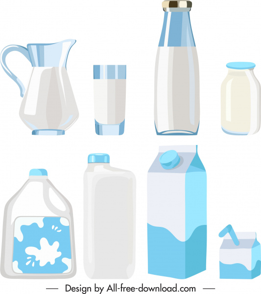 icônes de récipient de lait brillant croquis de couleur vive
