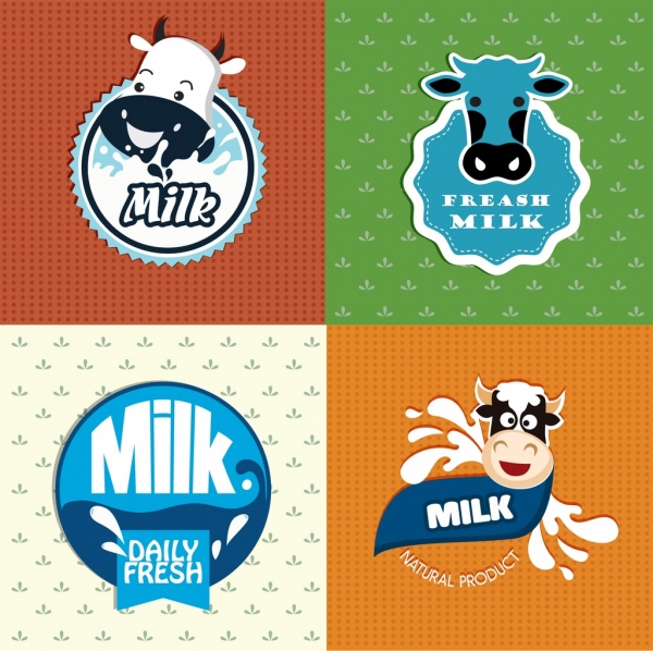 logotypes de lait de vache tête icônes liquides éclaboussures