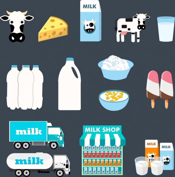 iconos de transporte de queso de vaca de elementos de diseño de productos lácteos