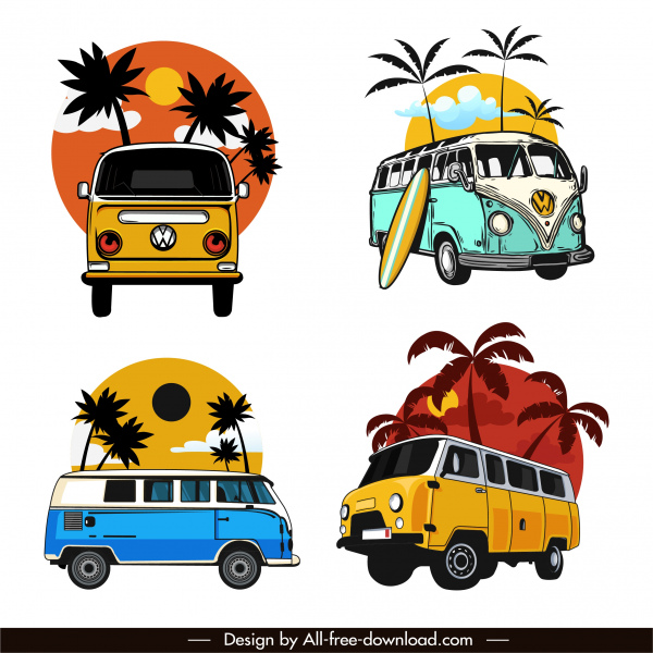 ícones de mini ônibus esboço clássico colorido