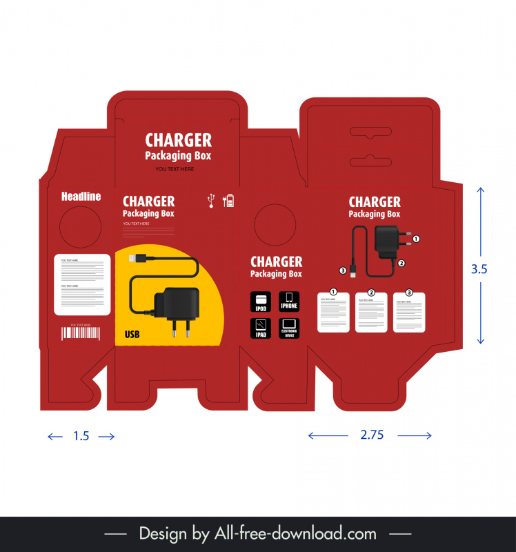 मोबाइल चार्जर पेपर पैकेजिंग टेम्पलेट लाल बॉक्स फ्लैट स्केच