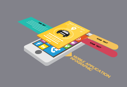 Infográfico de aplicativo de telefone móvel com ilustração colorida da interface do usuário