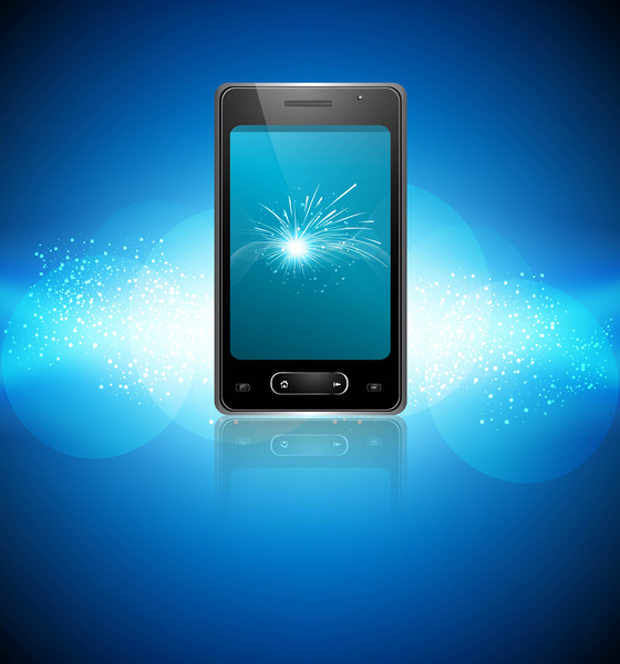ponsel smartphone asli refleksi latar belakang warna-warni biru desain vektor
