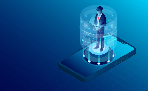 мобильный баннер пользователя с бизнес-запуск концепции бизнес-технологии успеха бизнеса цели и обработки инженерных данных защиты цифровой информации