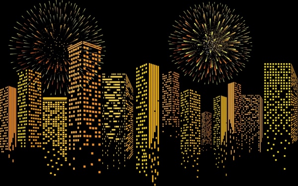 Modern City Background Yellow Lights Building Fireworks Decor-vector  Background-free Vector Free Download