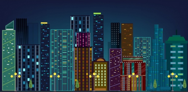 色とりどりの高い建物のアイコンを描画する近代的な都市
