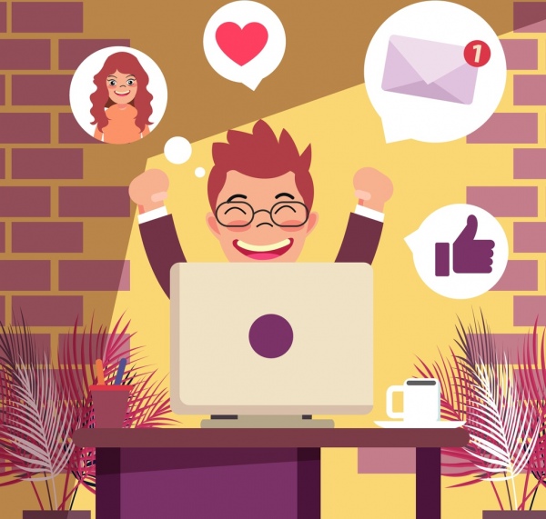 ícones de internet do estilo de vida moderno fundo homem feliz portátil
