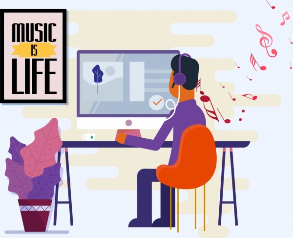 gaya hidup modern lukisan pria musik catatan komputer ikon