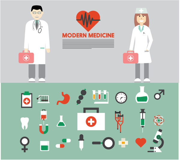 banner de medicina moderna com conjuntos de ferramentas e médico