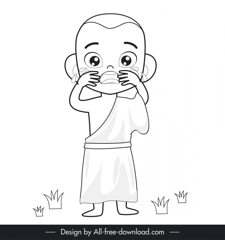 monge chorando ícone preto branco esboço dos desenhos animados