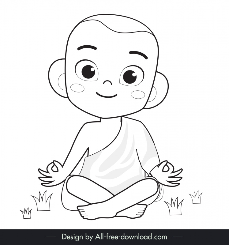 monje medita icono divertido encantador bw personaje de dibujos animados esquema