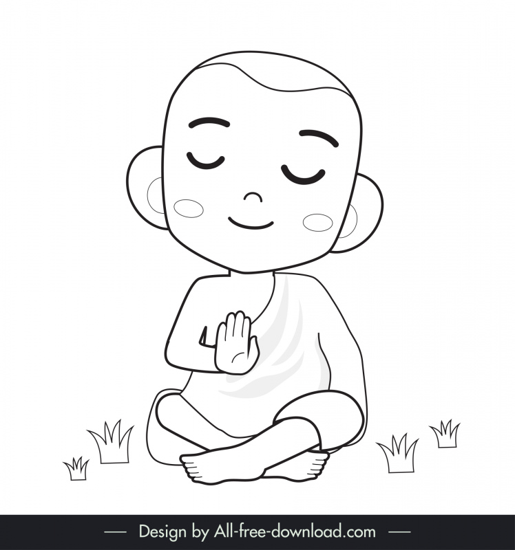 Monk Meditate Icon Sitting Boy Sketch Cute Black White Cartoon Character Outline