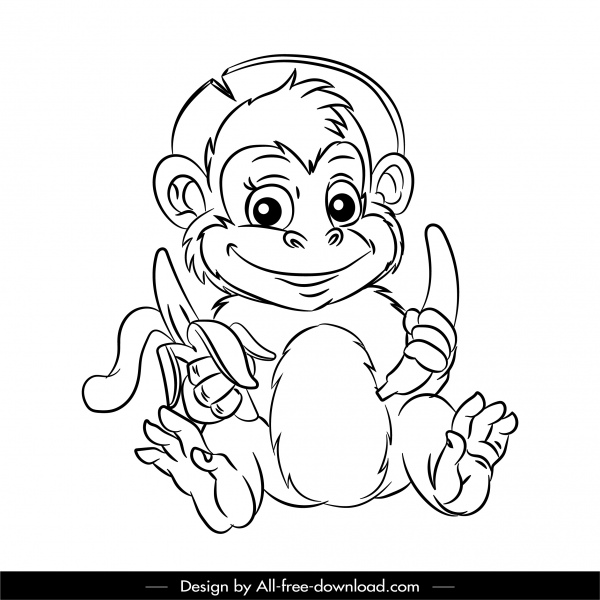ikon monyet kartun lucu sketsa kembali desain putih