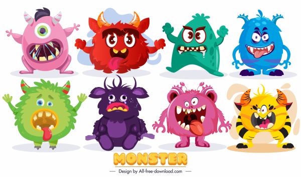 iconos personajes monstruosos lindo divertido dibujo de dibujos animados