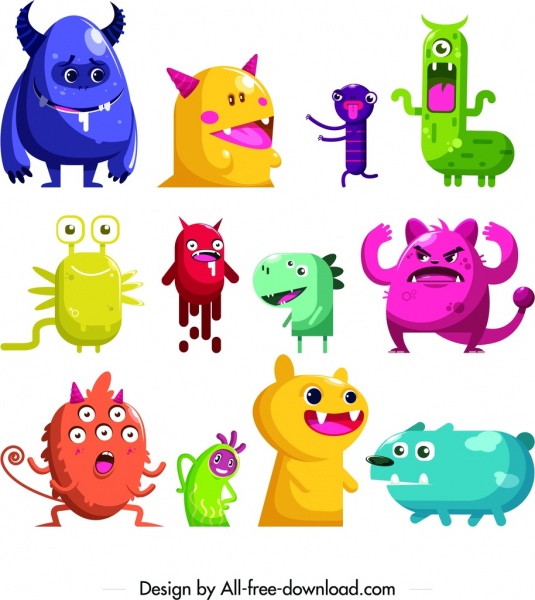coleção de ícones de monstro colorido design de personagens de desenhos animados