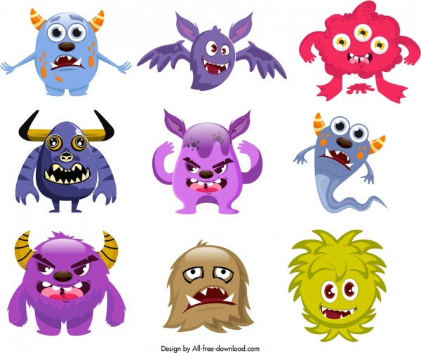 Коллекция иконок монстров забавные мультяшные персонажи эскиз