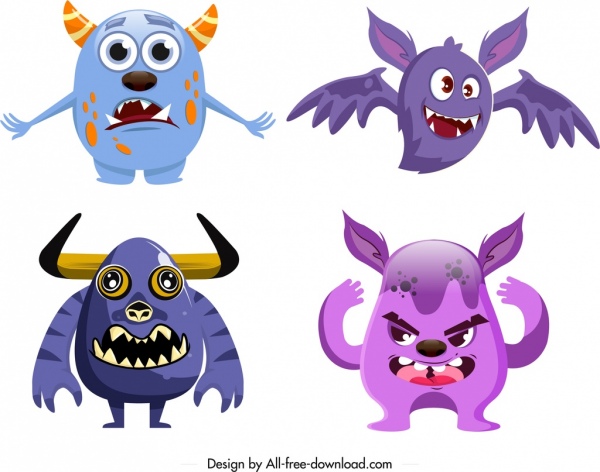 Monster-Ikonen farbiges modernes Design lustige Cartoon-Figuren