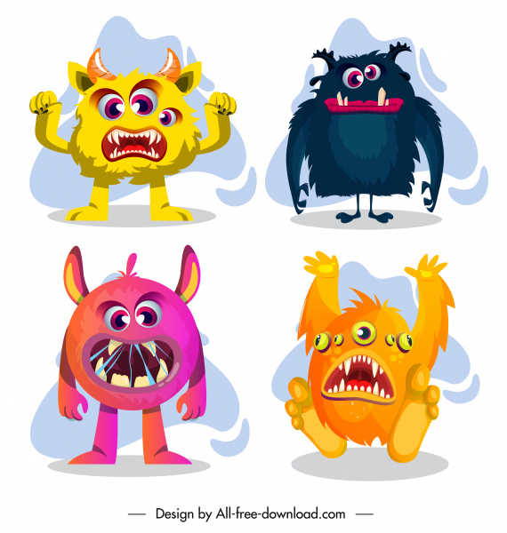 ícones monstro personagens engraçados esboçar formas coloridas