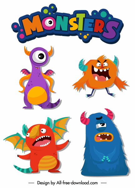 怪物图标五颜六色的有趣的卡通人物动物形状