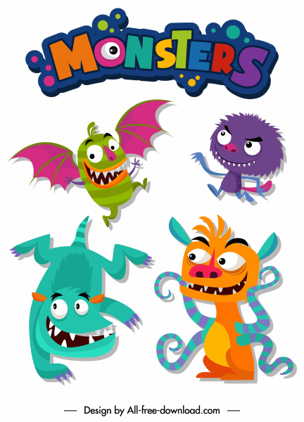 monstres icônes drôles personnages de dessins animés design coloré