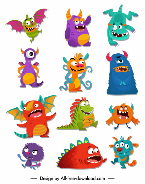 ikony Monsters kolorowy kreskówka postać projektować zabawny ładny
