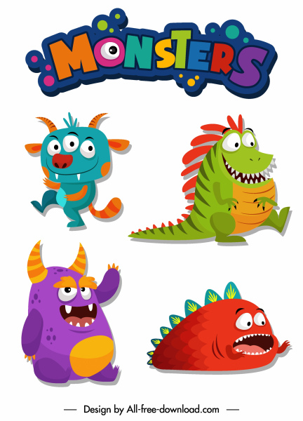 monstres icônes animaux effrayants esquisser des personnages de dessins animés drôles
