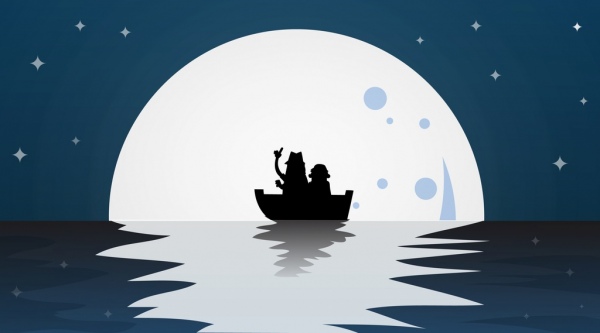 Moonlight latar belakang seaboat ikon silhouette dekorasi