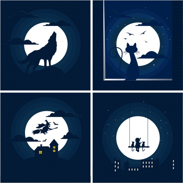 Moonlight latar belakang set desain biru gelap berbagai simbol
