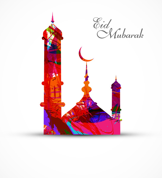 Mosque cho grunge đầy màu sắc eid mubarak thẻ minh hoạ vector