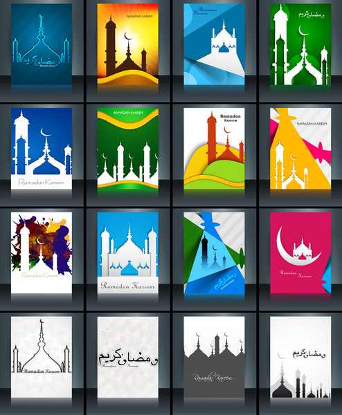 Mezquita con colorido eid mubarak folleto reflexión colección tarjeta set plantilla hermosa vector