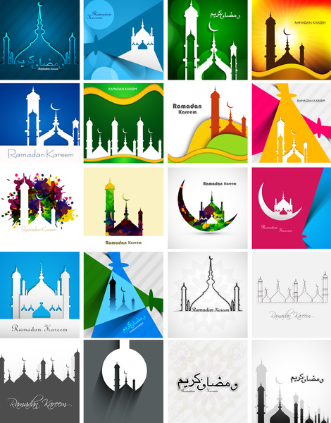 Mezquita con coloridos tarjeta de Ramadán kareem establece ilustración de vector de fondo de presentación