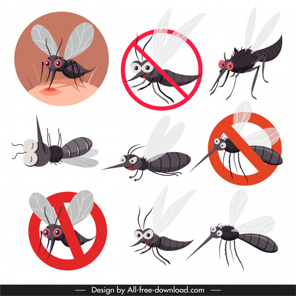 iconos de prevención de mosquitos divertido boceto de dibujos animados