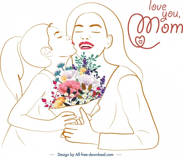 Bandeira do dia da mãe filha beijando a mãe esboço desenhado à mão