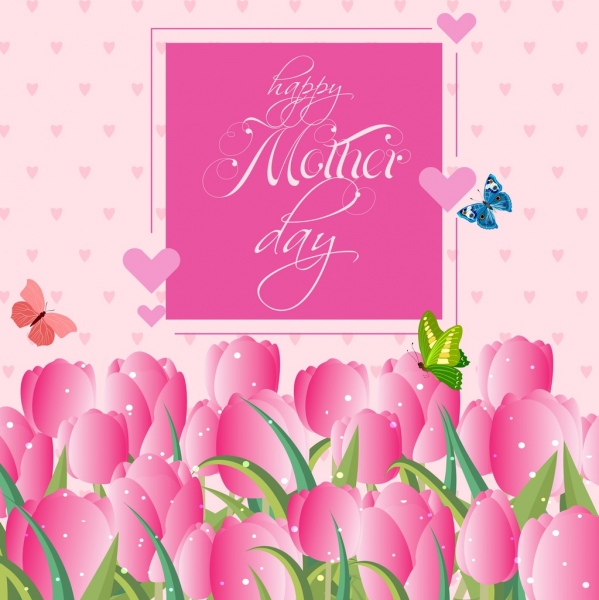 Ngày của mẹ Banner, trái tim hồng trang trí hoa tulip bươm bướm.