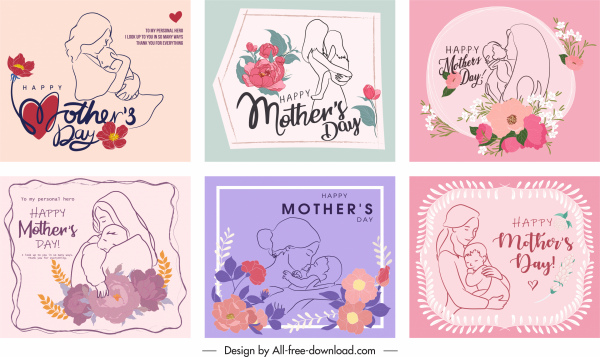 plantillas de tarjetas del día de la madre linda vintage dibujadas a mano botánicas