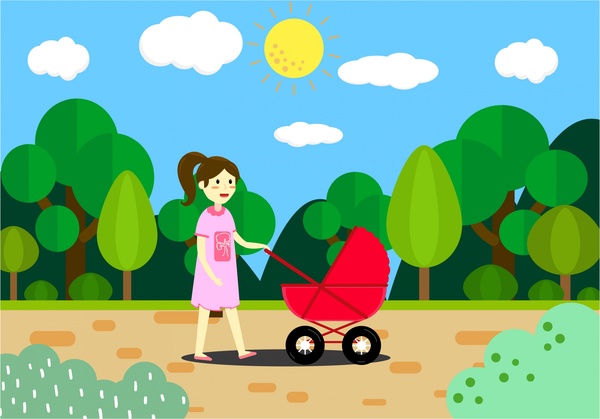 母亲行走与婴儿推车绘图的色彩设计