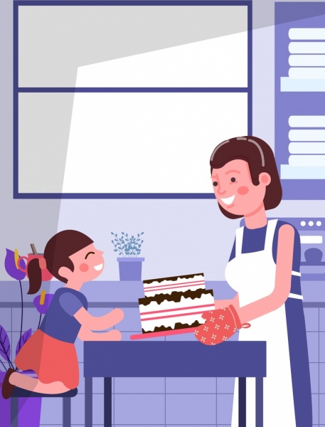 icônes de la maternité dessin mère fille gâteau cartoon design