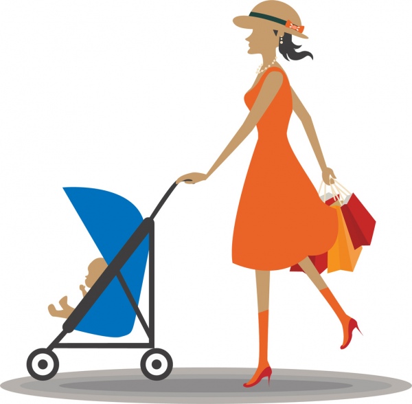الأمومة موضوع التصميم امرأة و طفل عربة زينة