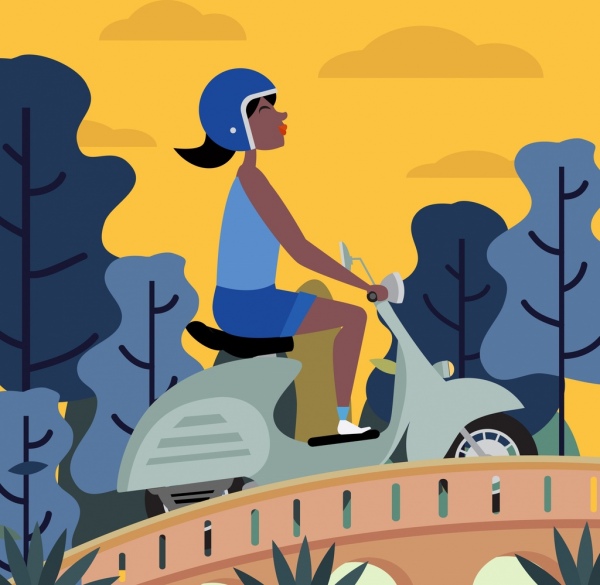 ikon hulajnoga motocykl tło kobieta kreskówka projekt