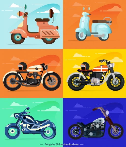 Motosiklet Simgeleri Şablonları Renkli Klasik Modern Eskiz