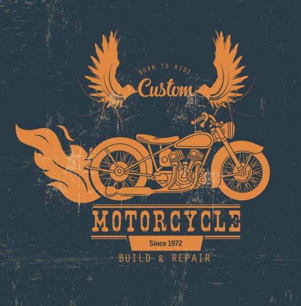 diseño retro de publicidad de tienda alas de fuego los iconos de la motocicleta