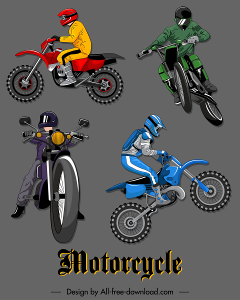 icônes de motocycliste conception dynamique colorée croquis 3d