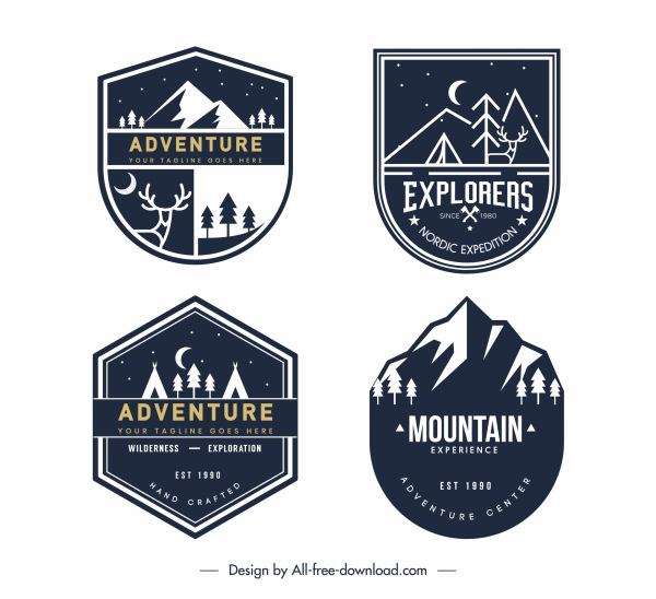 modelli di etichette avventura di montagna scuro classico schizzo