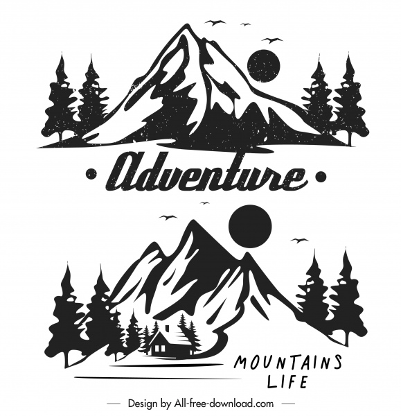 ภูเขาผจญภัย logotypes สีดําสีขาวย้อนยุคร่าง handdrawn