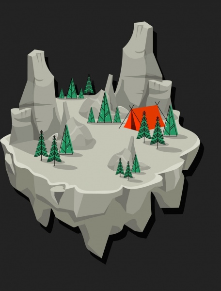 الجبال الخلفية المخيم الأراضي الصخرية رمز ديكور 3d