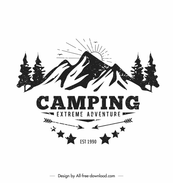 bandera de camping de montaña diseño dibujado a mano vintage