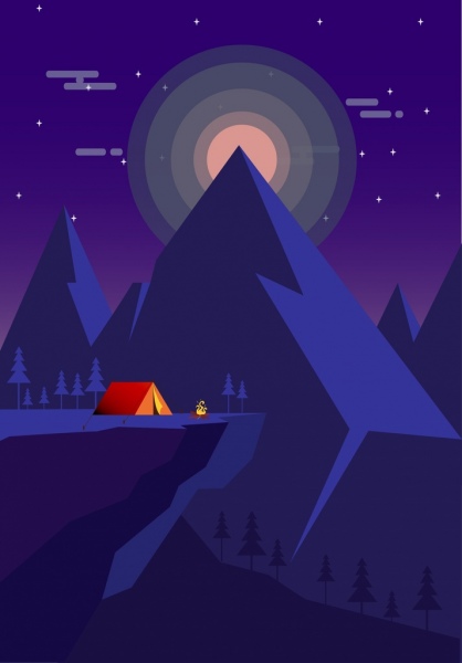 Гора кемпинг темный фиолетовый дизайн палатка значок чертежа