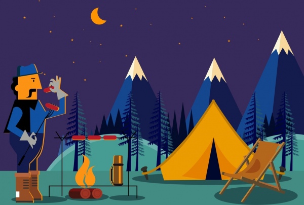 Icone di disegno dell'uomo fuoco tenda di campeggio in montagna